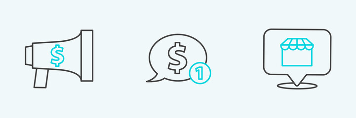Set line Online shopping concept, Megaphone and dollar and Speech bubble with icon. Vector