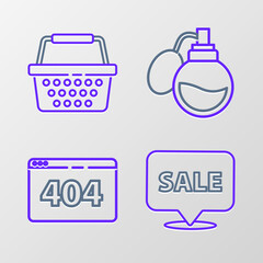 Set line Hanging sign with Sale, Page 404 error, Perfume and Shopping basket icon. Vector