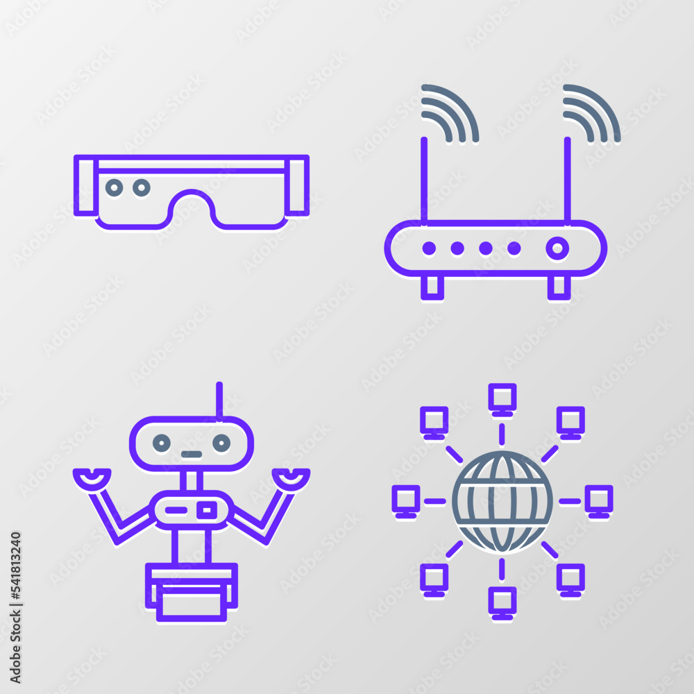 Poster set line social network, robot, router and wi-fi signal and smart glasses icon. vector