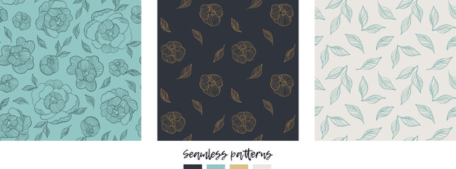Peonies seamless collection pastel color. Roses flowers nature line vector element for print design project. Nature endless bloom illustration for linens, linen, wrapping paper, wallpaper, textile.