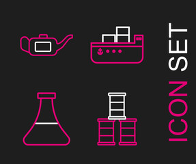 Set line Barrel oil, Oil petrol test tube, tanker ship and Canister for motor icon. Vector