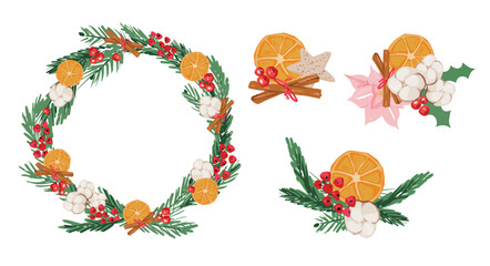 Hand-drawn orange Vector christmas wreath, cotton, cinnamon, berries, gingerbread, Poinsettia Flowers. Vector illustration. Happy New Year holidays background.