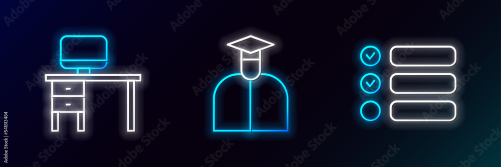 Poster set line task list, computer monitor and desk and student icon. glowing neon. vector