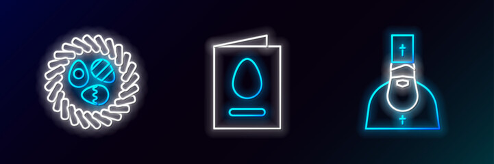 Set line Priest, Easter egg in a wicker nest and Greeting card with Happy icon. Glowing neon. Vector