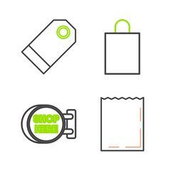 Set line Paper shopping bag, Signboard hanging with an inscription here, and Blank label template price tag icon. Vector