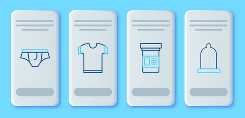 Set line T-shirt, Medicine bottle, Underwear and Condom icon. Vector