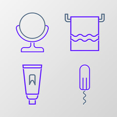 Set line Sanitary tampon, Tube of toothpaste, Towel hanger and Round makeup mirror icon. Vector