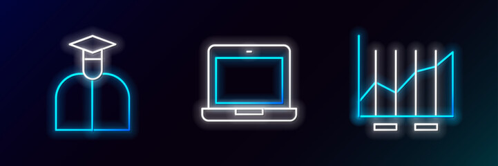 Set line Pie chart infographic, Student and Laptop icon. Glowing neon. Vector