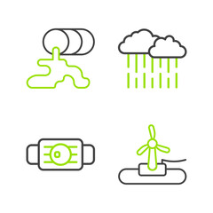 Set line Wind turbine, Medical protective mask, Cloud with rain and Barrel oil leak icon. Vector