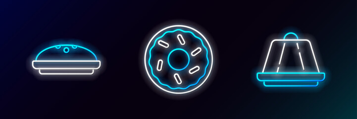 Set line Pudding custard, Homemade pie and Donut icon. Glowing neon. Vector