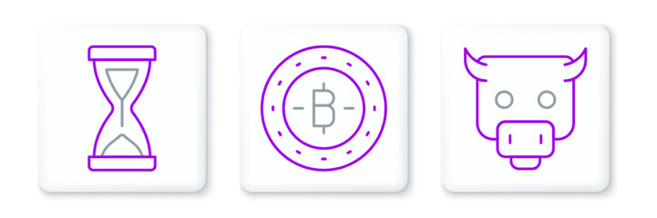 Set line Bull market, Old hourglass and Bitcoin icon. Vector