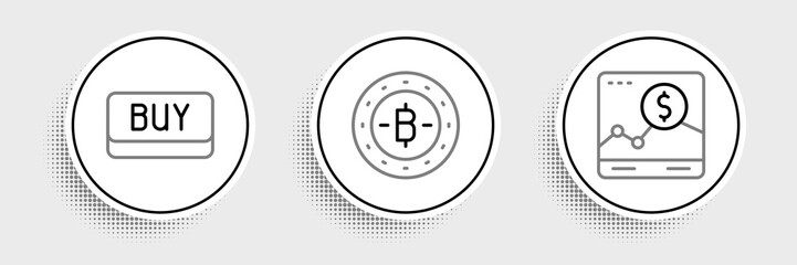 Set line Website with growth graph, Buy button and Bitcoin icon. Vector
