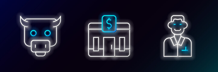 Set line Trader, Bull market and Bank building icon. Glowing neon. Vector