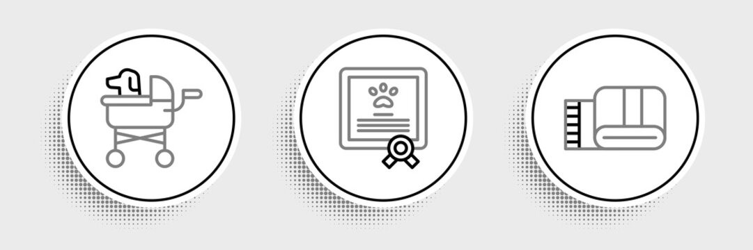 Set line Towel stack, Pet stroller and Certificate for dog or cat icon. Vector