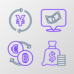 Set line Money bag, Cryptocurrency exchange, Stacks paper money cash and Coin with Yen icon. Vector