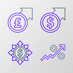 Set line Percent up arrow, Dollar, share, network, Financial growth and dollar and pound icon. Vector