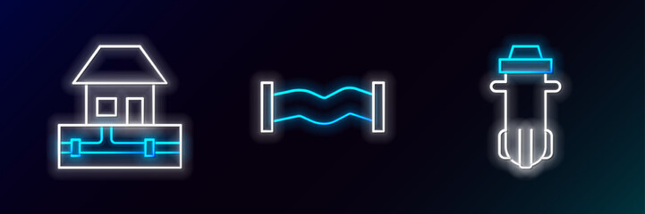 Set line Water filter, supply pipes and Industry metallic icon. Glowing neon. Vector