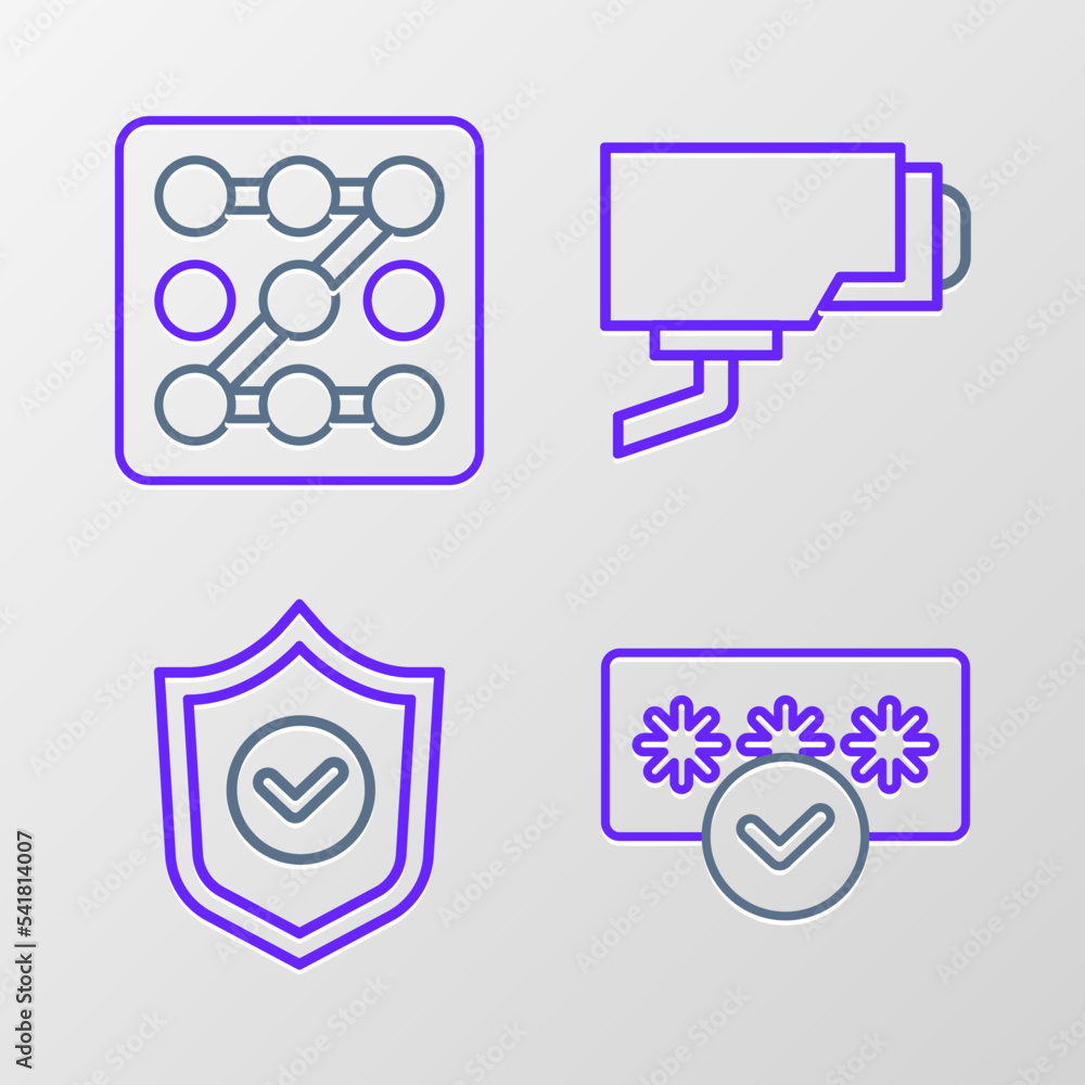 Poster set line password protection, shield with check mark, security camera and graphic password icon. vec