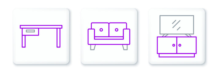 Set line TV table stand, Office desk and Sofa icon. Vector