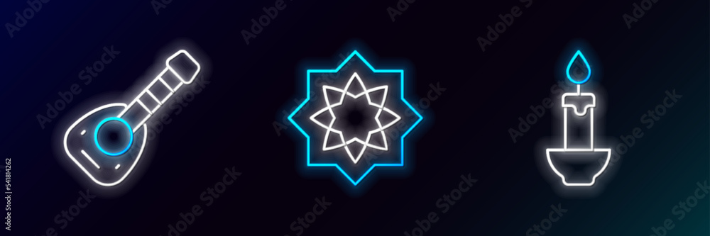 Wall mural Set line Burning candle, Lute and Octagonal star icon. Glowing neon. Vector