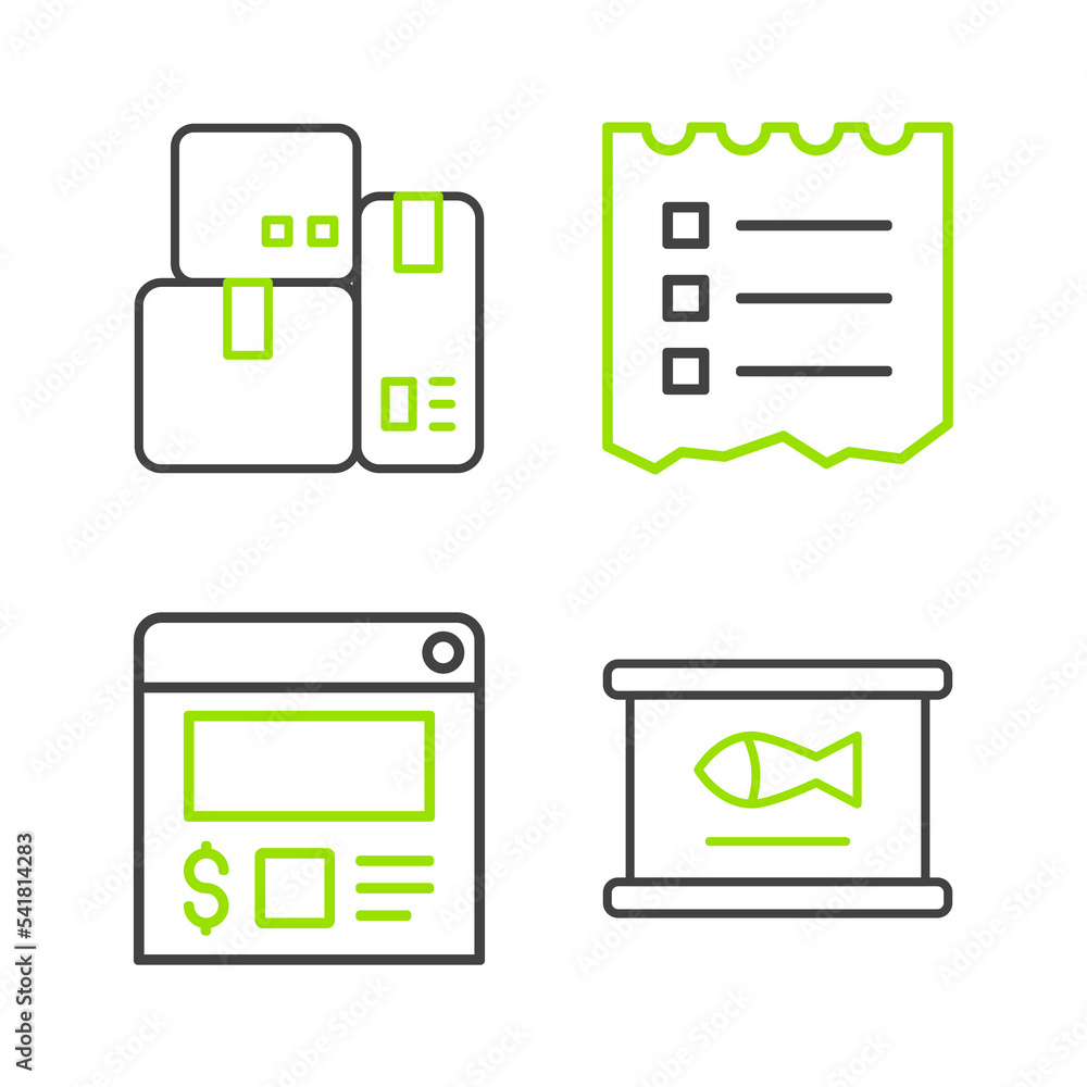 Sticker Set line Canned fish, Online ordering and delivery, Shopping list and Cash register machine icon. Vector