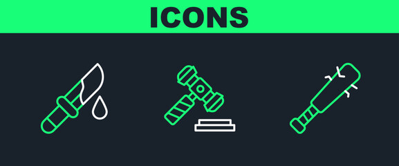 Set line Baseball bat with nails, Bloody knife and Judge gavel icon. Vector