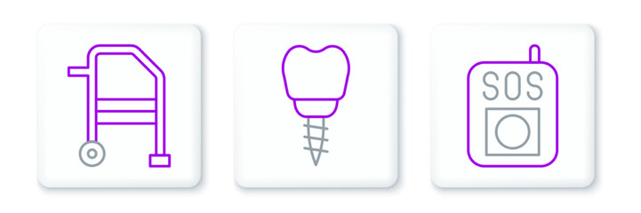 Set line Press the SOS button, Walker and Dental implant icon. Vector