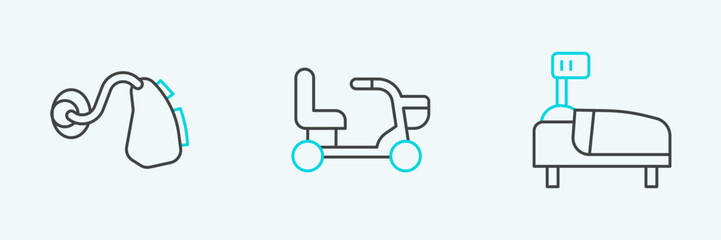Set line Hospital bed, Hearing aid and Electric wheelchair icon. Vector