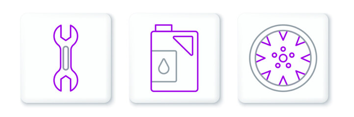 Set line Alloy wheel, Wrench spanner and Canister for motor oil icon. Vector