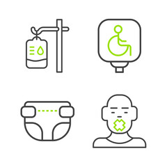 Set line Head of deaf and dumb, Adult diaper, Disabled wheelchair and IV bag icon. Vector