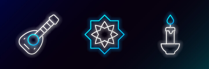 Obraz premium Set line Burning candle, Lute and Octagonal star icon. Glowing neon. Vector