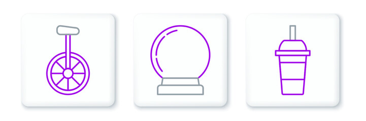 Set line Paper glass with drinking straw and water, Unicycle or one wheel bicycle and Magic ball icon. Vector © Oksana