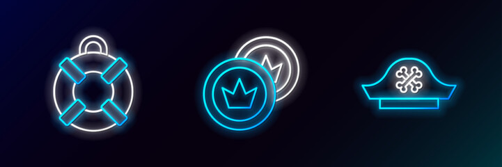 Set line Pirate hat, Lifebuoy and coin icon. Glowing neon. Vector
