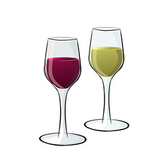 Two glasses of white and red wine isolated on a white background.