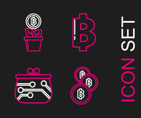 Set line Cryptocurrency coin Bitcoin, wallet, and plant the pot icon. Vector