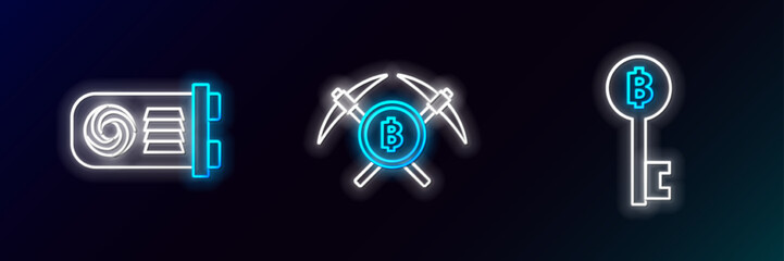 Set line Cryptocurrency Bitcoin key, Mining farm and Crossed pickaxe icon. Glowing neon. Vector