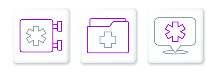 Set line Location hospital, Emergency - Star of Life and Patient record icon. Vector