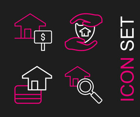 Set line Search house, Credit card, House with shield and dollar icon. Vector