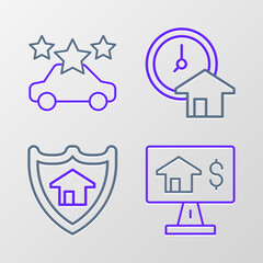 Set line Online real estate, House with shield, Time is money and Car sharing icon. Vector