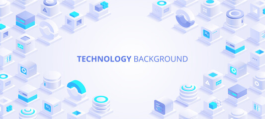 Technology abstract vector background. Blockchain isometric concept banner. Large data processing, database concept. Modern concept of digital technology in the shape of block chain net