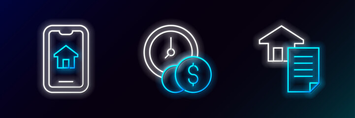Set line House contract, Online real estate and Time is money icon. Glowing neon. Vector