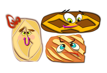 Three loaves of bread with eyes. Cartoon characters. Raster graphics.