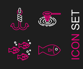 Set line Fish, Fishing net in water and hook icon. Vector