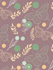 Seamless abstract pattern with flowers and butterflies on the purple background.