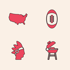 Set Barbecue grill, USA map, American Football ball and Native Indian icon. Vector