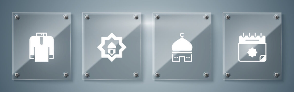 Set Ramadan Calendar, Muslim Mosque, And Shirt Kurta. Square Glass Panels. Vector