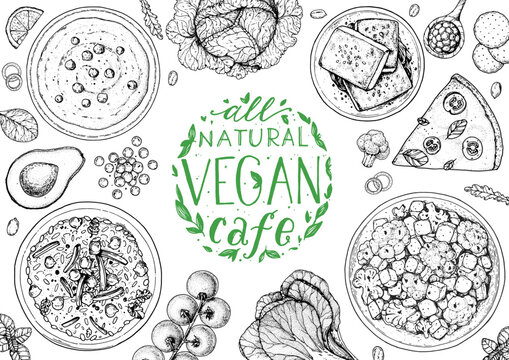 Vegan food frame. Hand drawn vector illustration. Menu design template. Vegan food sketch. Vintage design template. Product design. Great for packaging, recipe book, menu. Vegetarian food sketch.