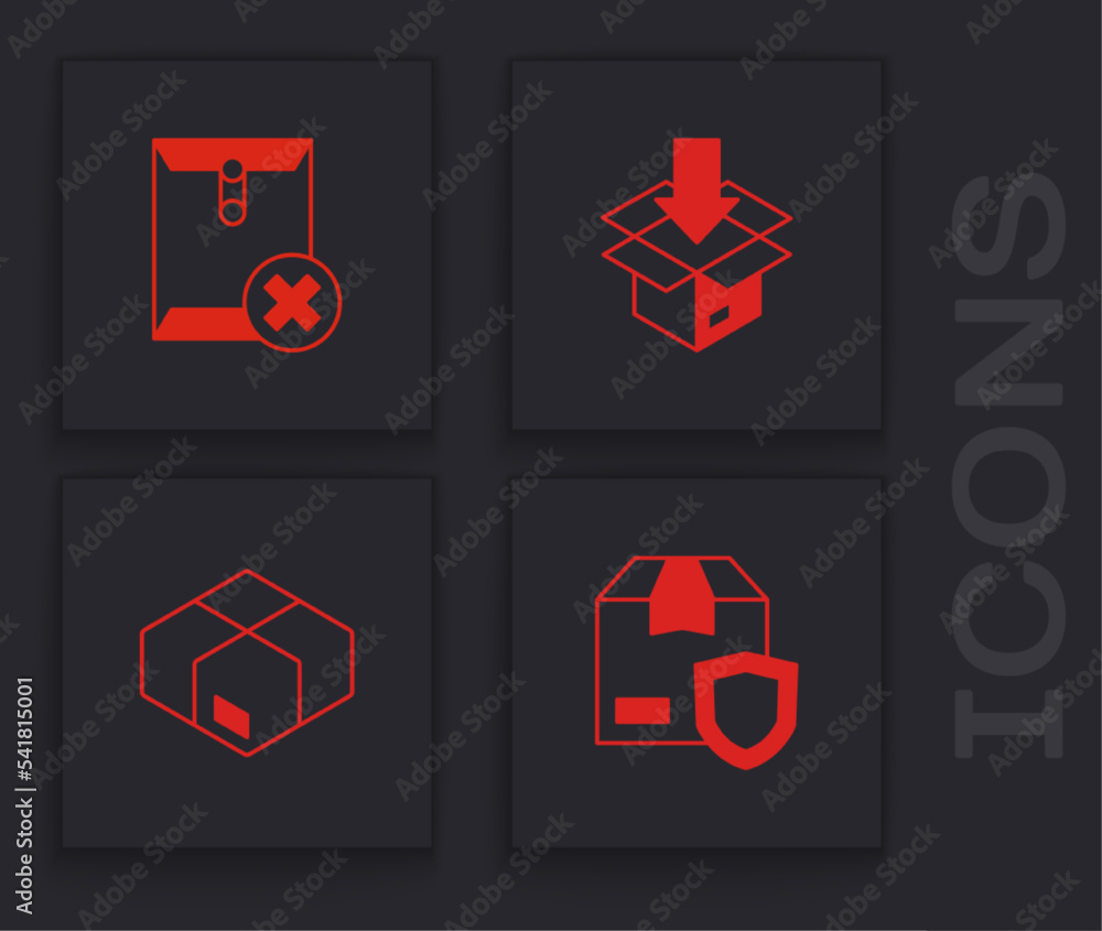 Poster set delivery security with shield, delete envelope, carton cardboard box and icon. vector