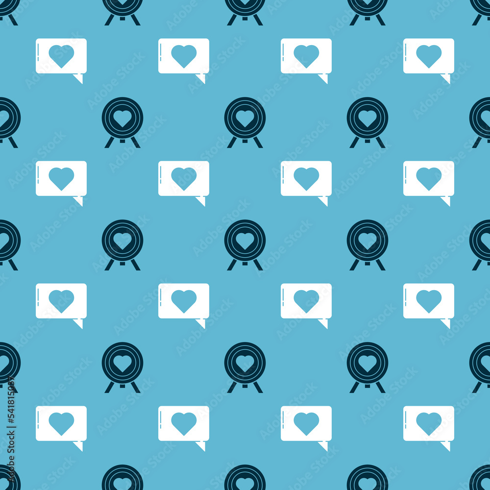 Poster set heart in the center of darts target aim and like and heart on seamless pattern. vector