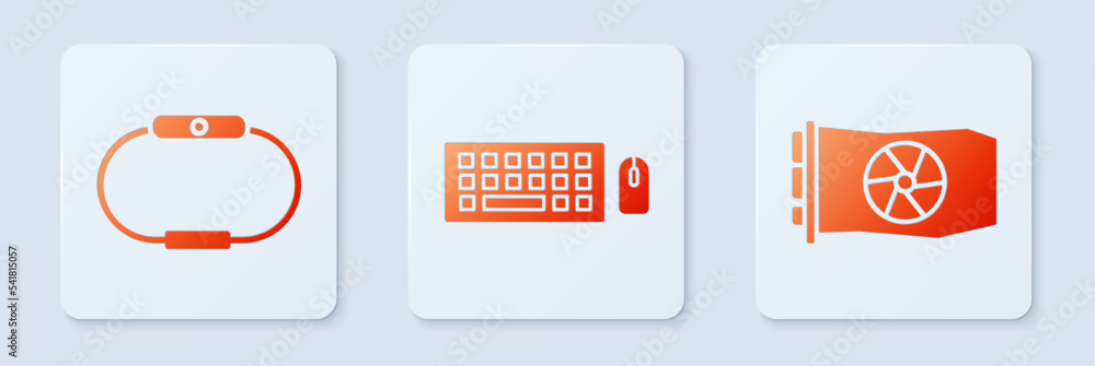 Poster set keyboard and mouse, smartwatch and video graphic card. white square button. vector